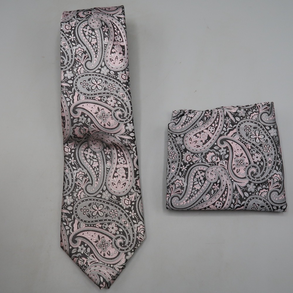 Pink Black Paisley Men Neck tie and Pocket Square‎ Hankie Set Formal Wedding